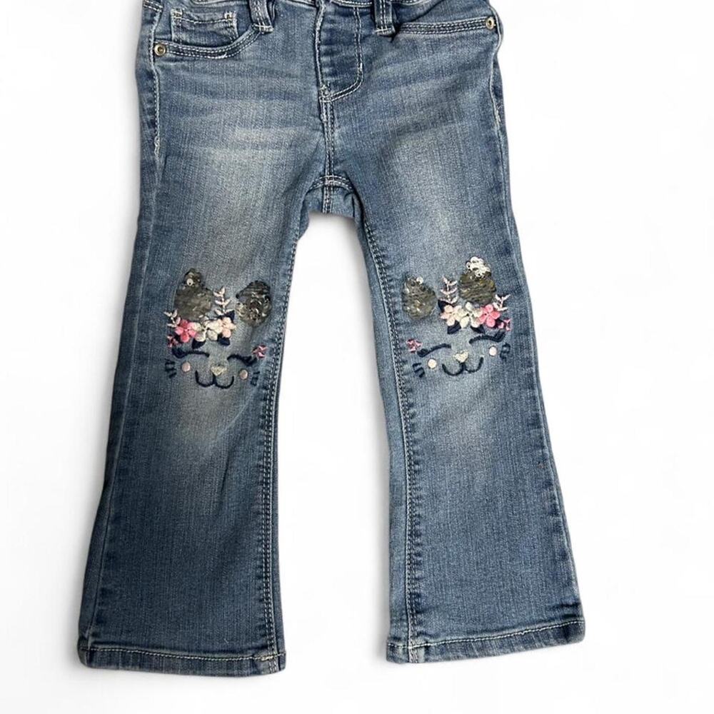 3t toddler girl y2k flare jeans w embroidered kitty cat knees